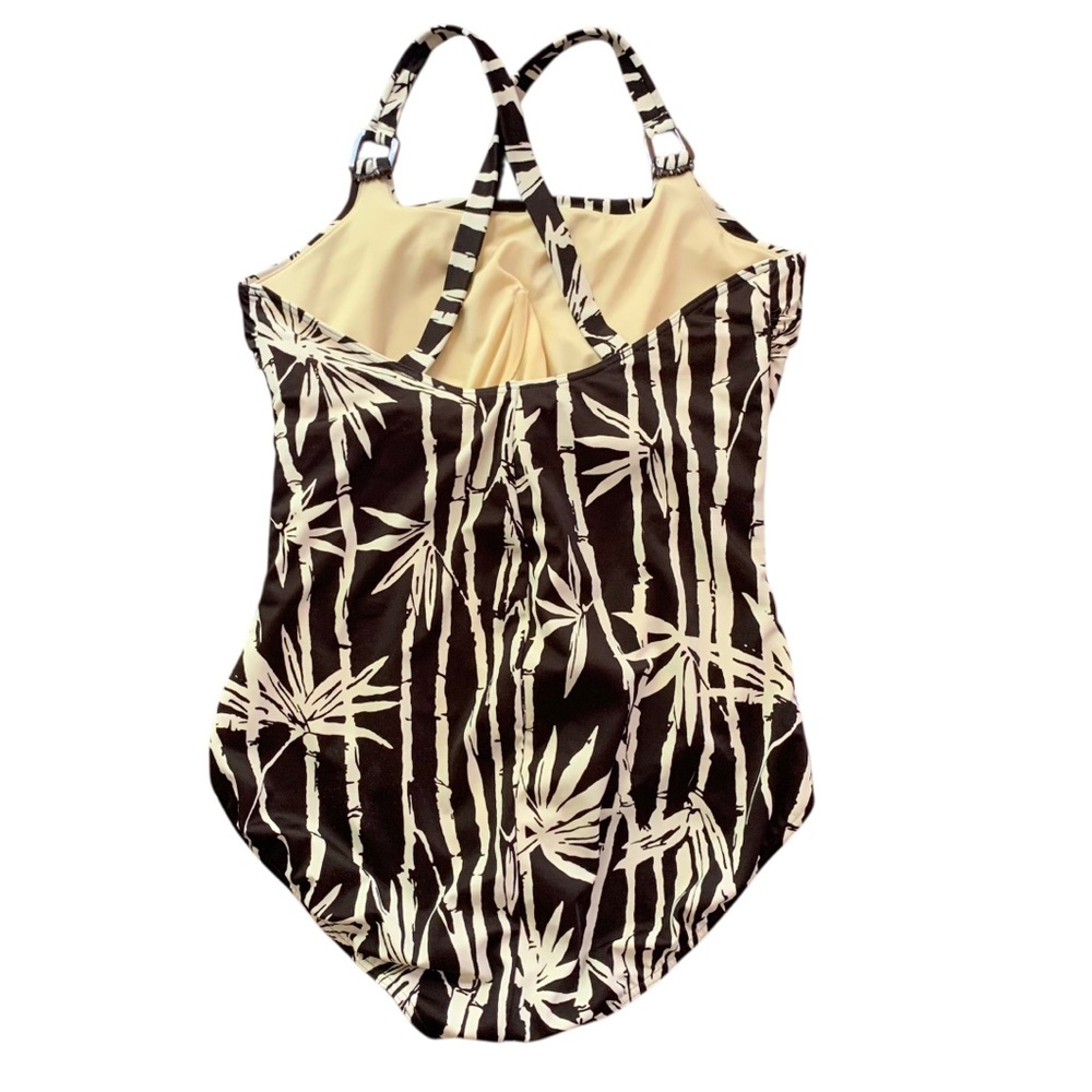 Lands End Brown Cream Bamboo Pattern One Piece Underwire Swimsuit Sz 14 - Picture 2 of 5